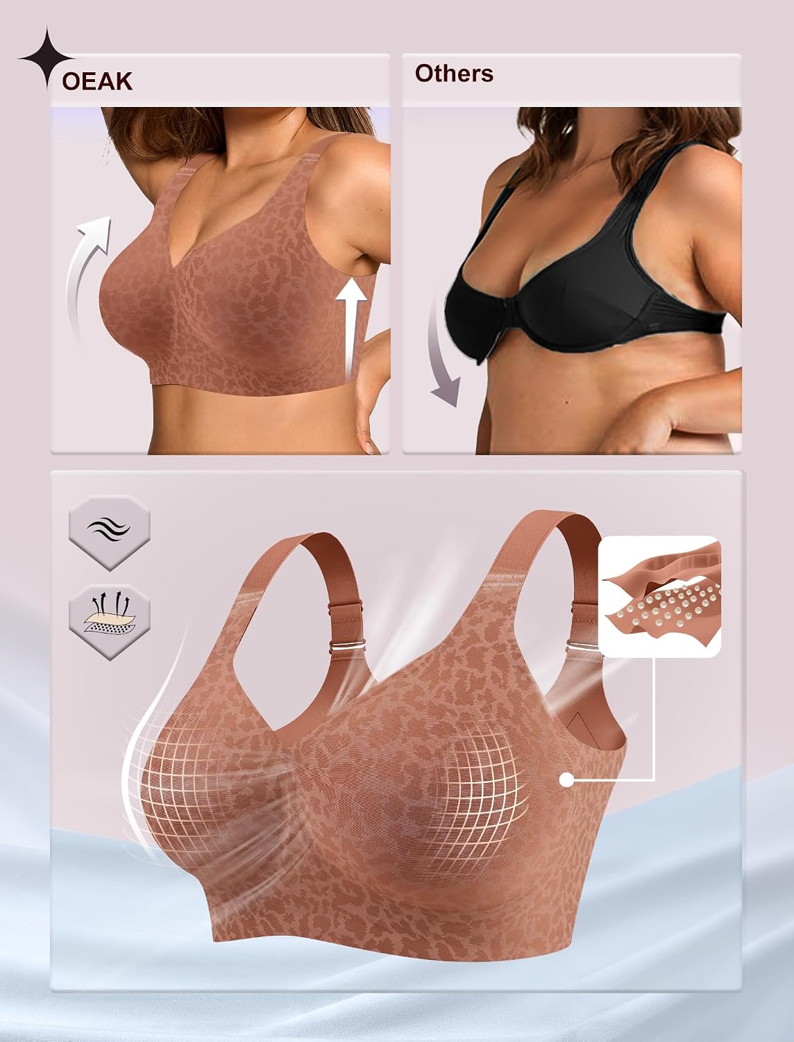 OEAK Womens Wireless Jelly Bras Plus Size Support Push Up Comfortable Bra